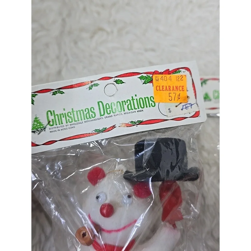 Vintage Flocked Snowman & Mouse Lot of 2 Frosty Googly Eyes Christmas‎ Ornament